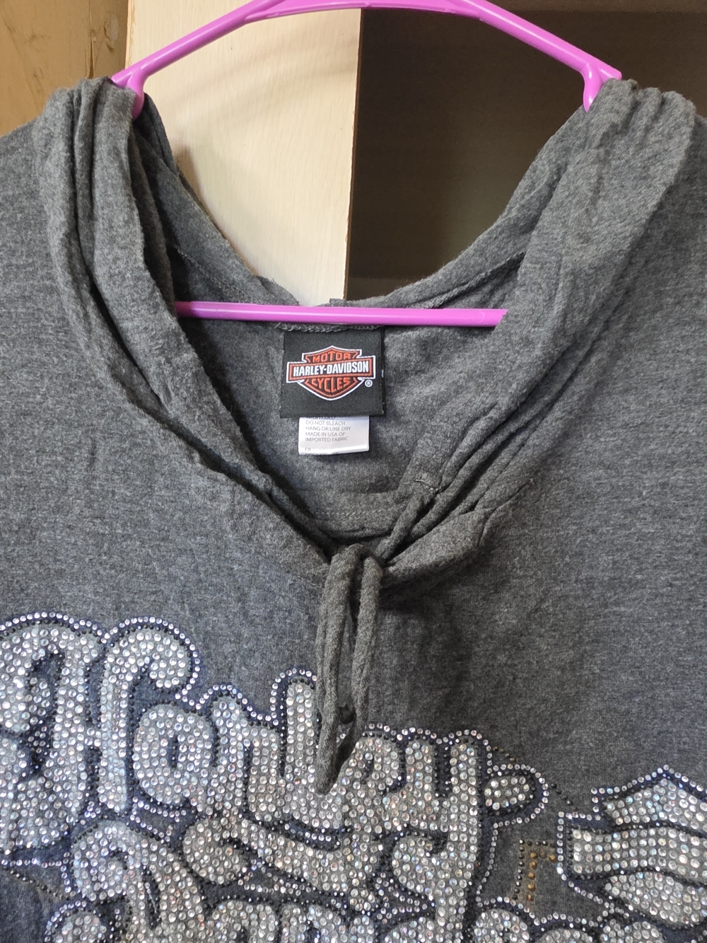 Harley-Davidson Dark Gray Hooded Long Sleeve Blouse with Rhinestone Logo - Picture 7 of 10